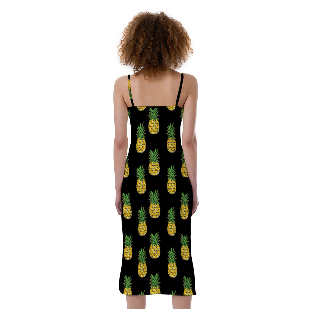 Black Cute Pineapple Pattern Print Slim Fit Midi Cami Dress