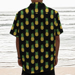 Black Cute Pineapple Pattern Print Textured Short Sleeve Shirt