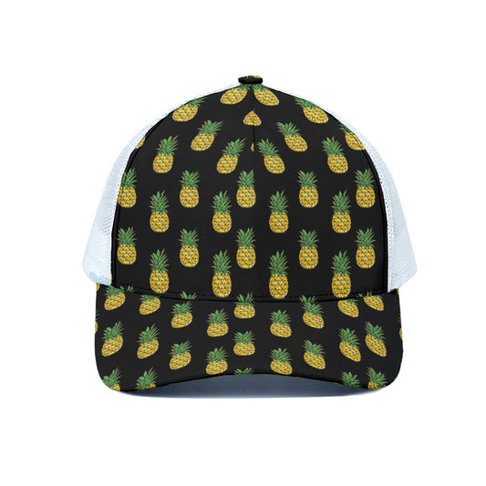 Black Cute Pineapple Pattern Print White Mesh Trucker Cap