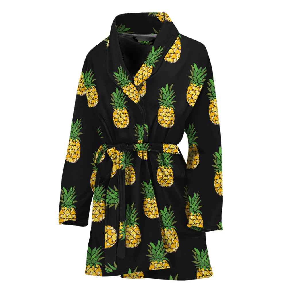 Black Cute Pineapple Pattern Print Women's Bathrobe