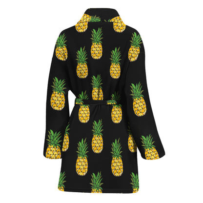 Black Cute Pineapple Pattern Print Women's Bathrobe