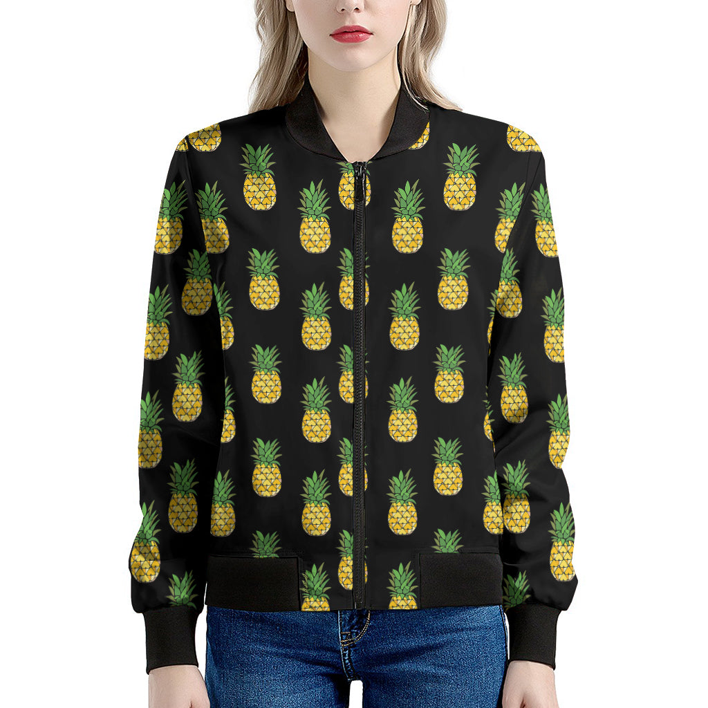 Black Cute Pineapple Pattern Print Women's Bomber Jacket