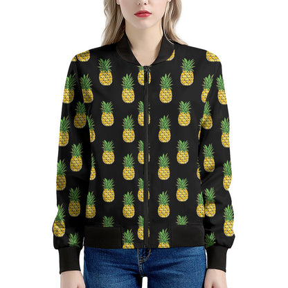 Black Cute Pineapple Pattern Print Women's Bomber Jacket