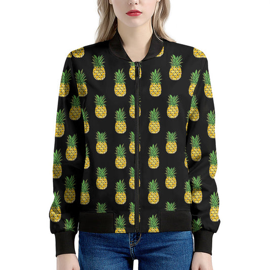 Black Cute Pineapple Pattern Print Women's Bomber Jacket