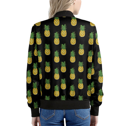 Black Cute Pineapple Pattern Print Women's Bomber Jacket