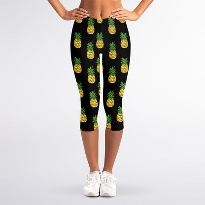 Black Cute Pineapple Pattern Print Women's Capri Leggings