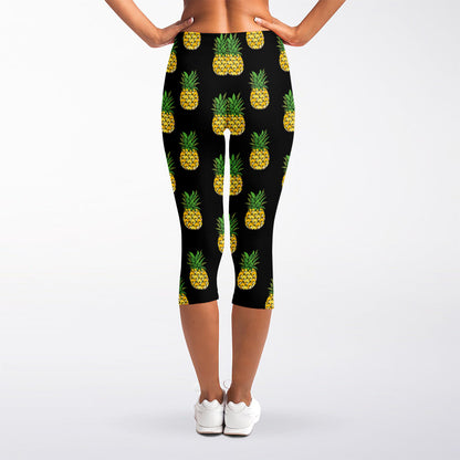 Black Cute Pineapple Pattern Print Women's Capri Leggings