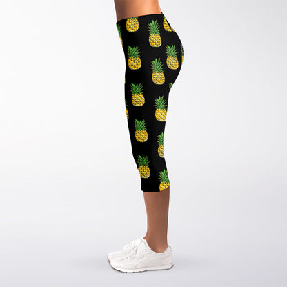 Black Cute Pineapple Pattern Print Women's Capri Leggings