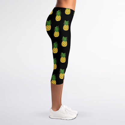 Black Cute Pineapple Pattern Print Women's Capri Leggings