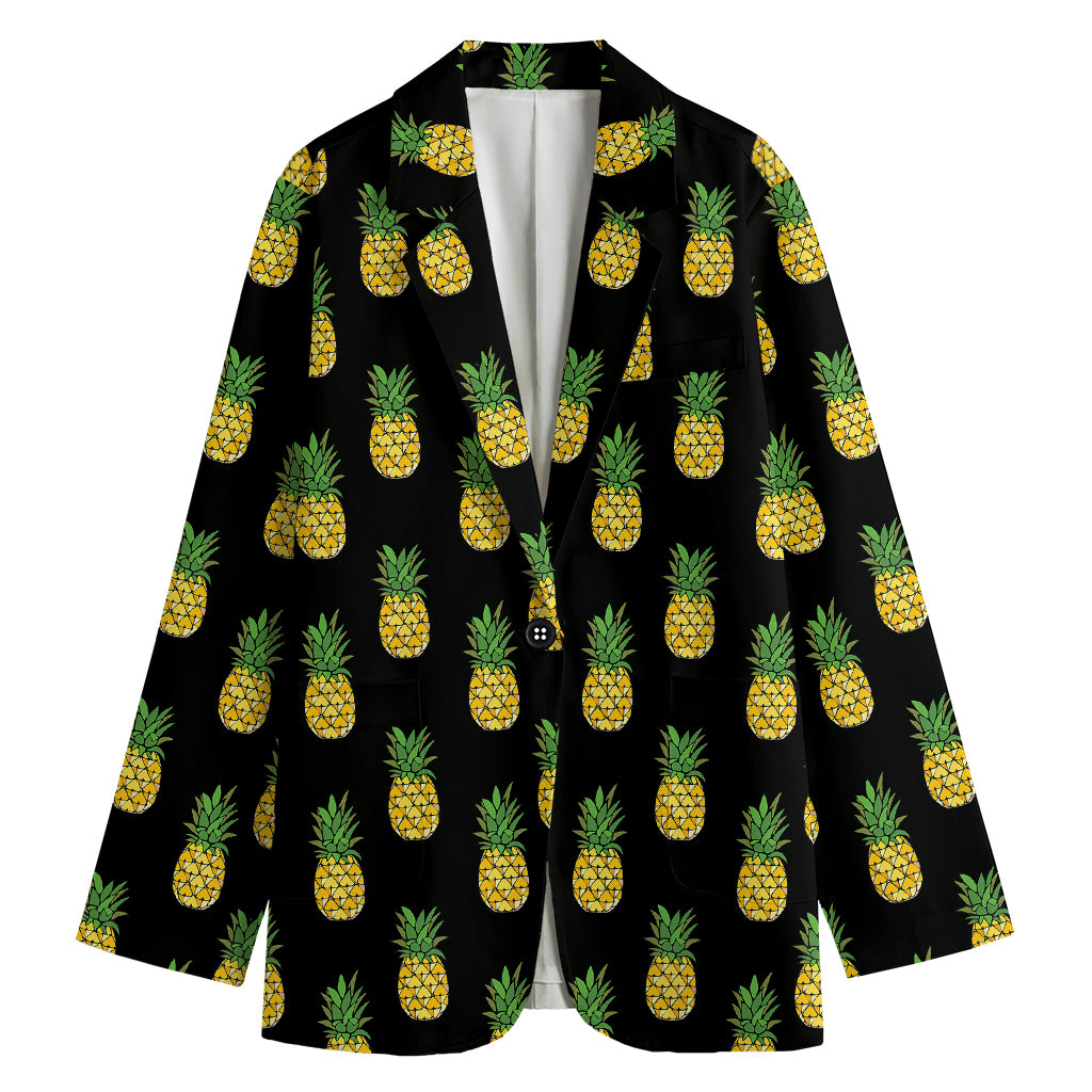 Black Cute Pineapple Pattern Print Women's Cotton Blazer