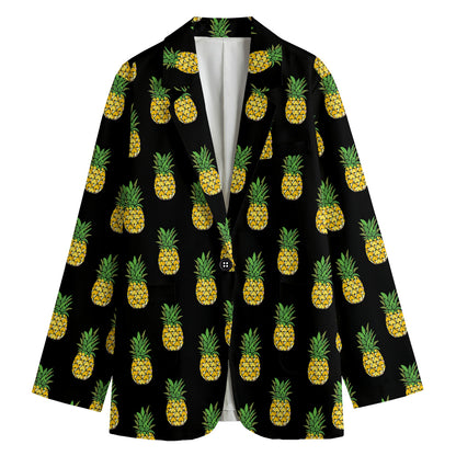 Black Cute Pineapple Pattern Print Women's Cotton Blazer