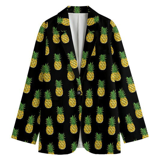 Black Cute Pineapple Pattern Print Women's Cotton Blazer