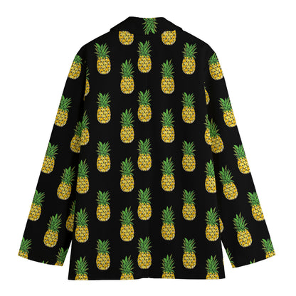 Black Cute Pineapple Pattern Print Women's Cotton Blazer