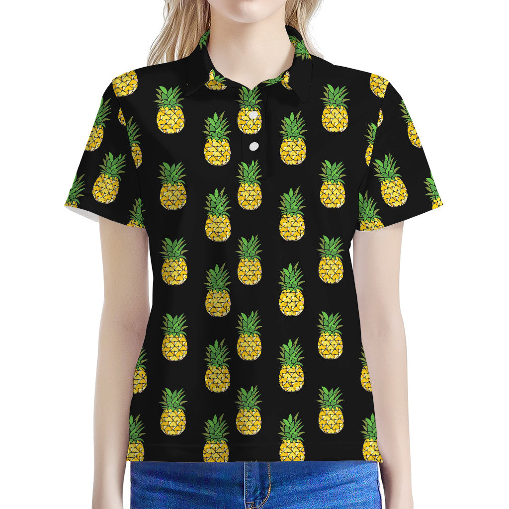 Black Cute Pineapple Pattern Print Women's Polo Shirt