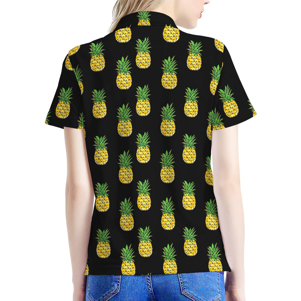 Black Cute Pineapple Pattern Print Women's Polo Shirt