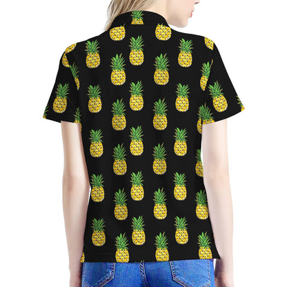 Black Cute Pineapple Pattern Print Women's Polo Shirt