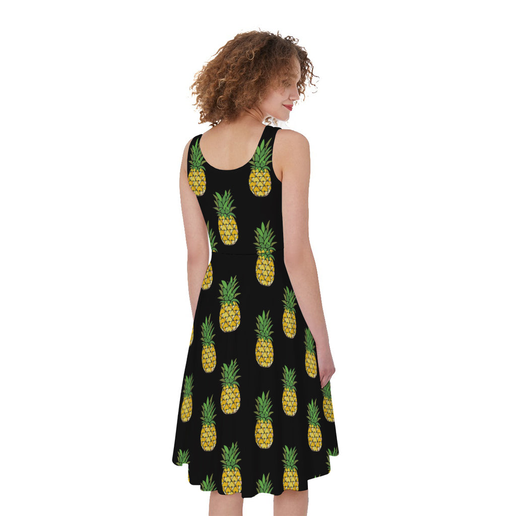 Black Cute Pineapple Pattern Print Women's Sleeveless Dress