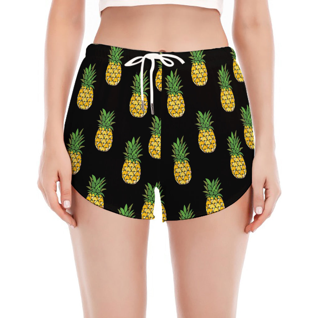 Black Cute Pineapple Pattern Print Women's Split Running Shorts