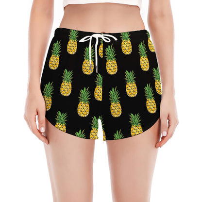 Black Cute Pineapple Pattern Print Women's Split Running Shorts