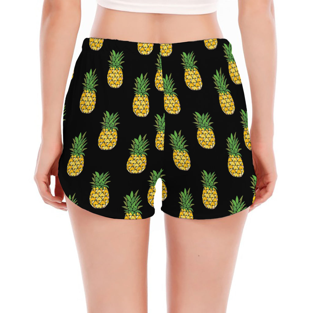 Black Cute Pineapple Pattern Print Women's Split Running Shorts