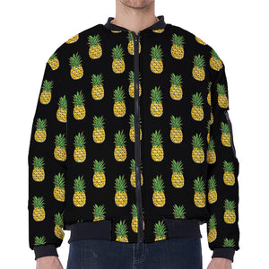 Black Cute Pineapple Pattern Print Zip Sleeve Bomber Jacket