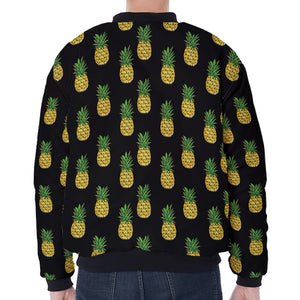 Black Cute Pineapple Pattern Print Zip Sleeve Bomber Jacket