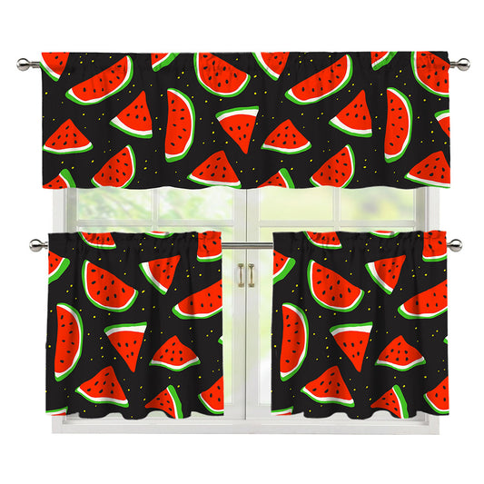 Black Cute Watermelon Pattern Print 3 Piece Kitchen Curtains