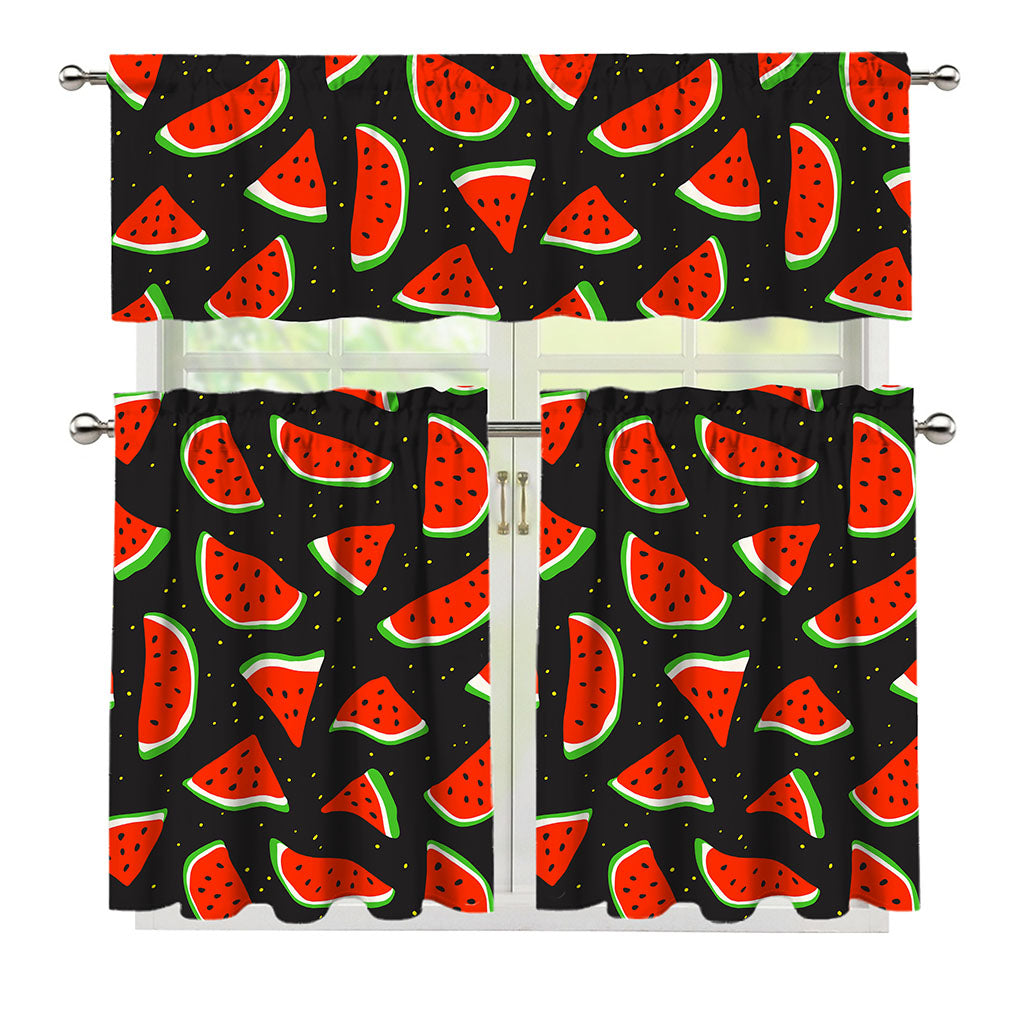 Black Cute Watermelon Pattern Print 3 Piece Kitchen Curtains