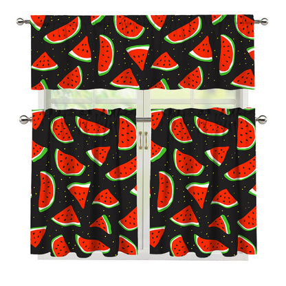 Black Cute Watermelon Pattern Print 3 Piece Kitchen Curtains