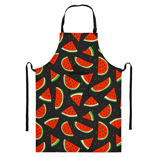 Black Cute Watermelon Pattern Print Bib Apron With Pocket