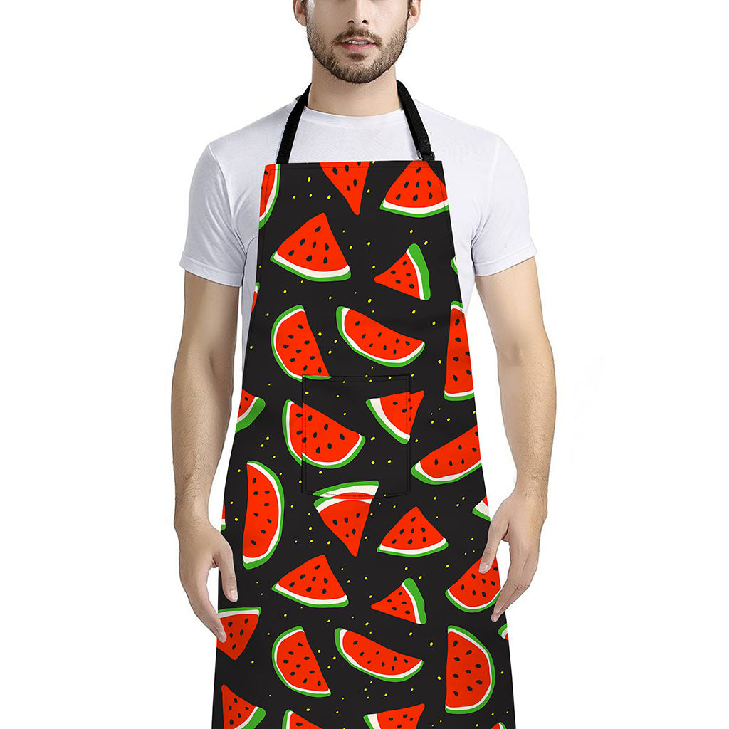 Black Cute Watermelon Pattern Print Bib Apron With Pocket