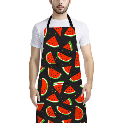 Black Cute Watermelon Pattern Print Bib Apron With Pocket