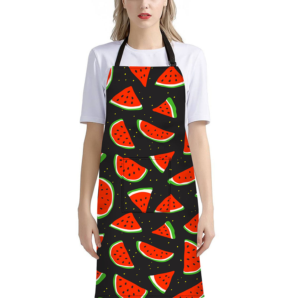 Black Cute Watermelon Pattern Print Bib Apron With Pocket