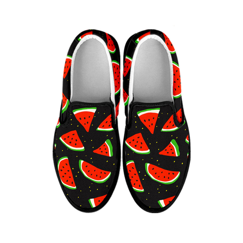 Black Cute Watermelon Pattern Print Black Slip On Sneakers