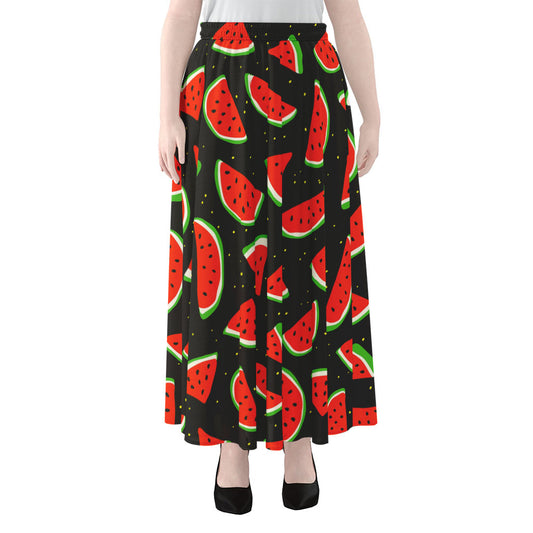 Black Cute Watermelon Pattern Print Chiffon Maxi Skirt