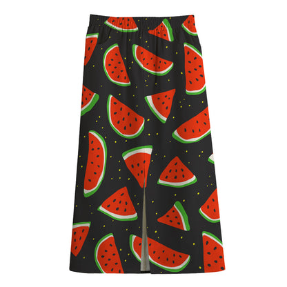 Black Cute Watermelon Pattern Print Cotton Front Slit Maxi Skirt