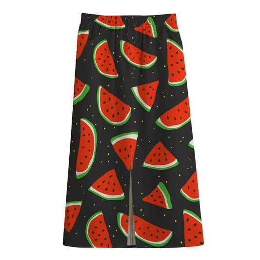 Black Cute Watermelon Pattern Print Cotton Front Slit Maxi Skirt