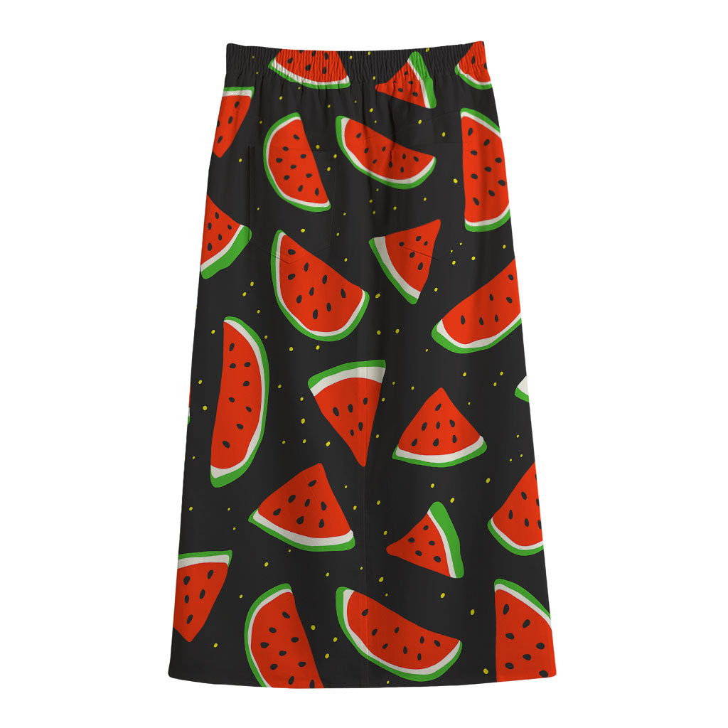 Black Cute Watermelon Pattern Print Cotton Front Slit Maxi Skirt