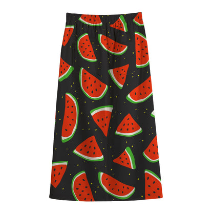 Black Cute Watermelon Pattern Print Cotton Front Slit Maxi Skirt
