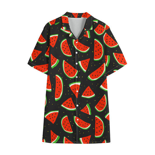 Black Cute Watermelon Pattern Print Cotton Hawaiian Shirt