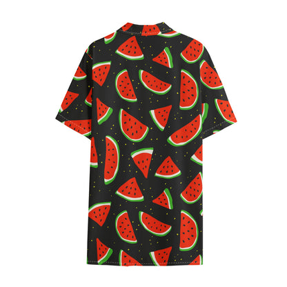 Black Cute Watermelon Pattern Print Cotton Hawaiian Shirt