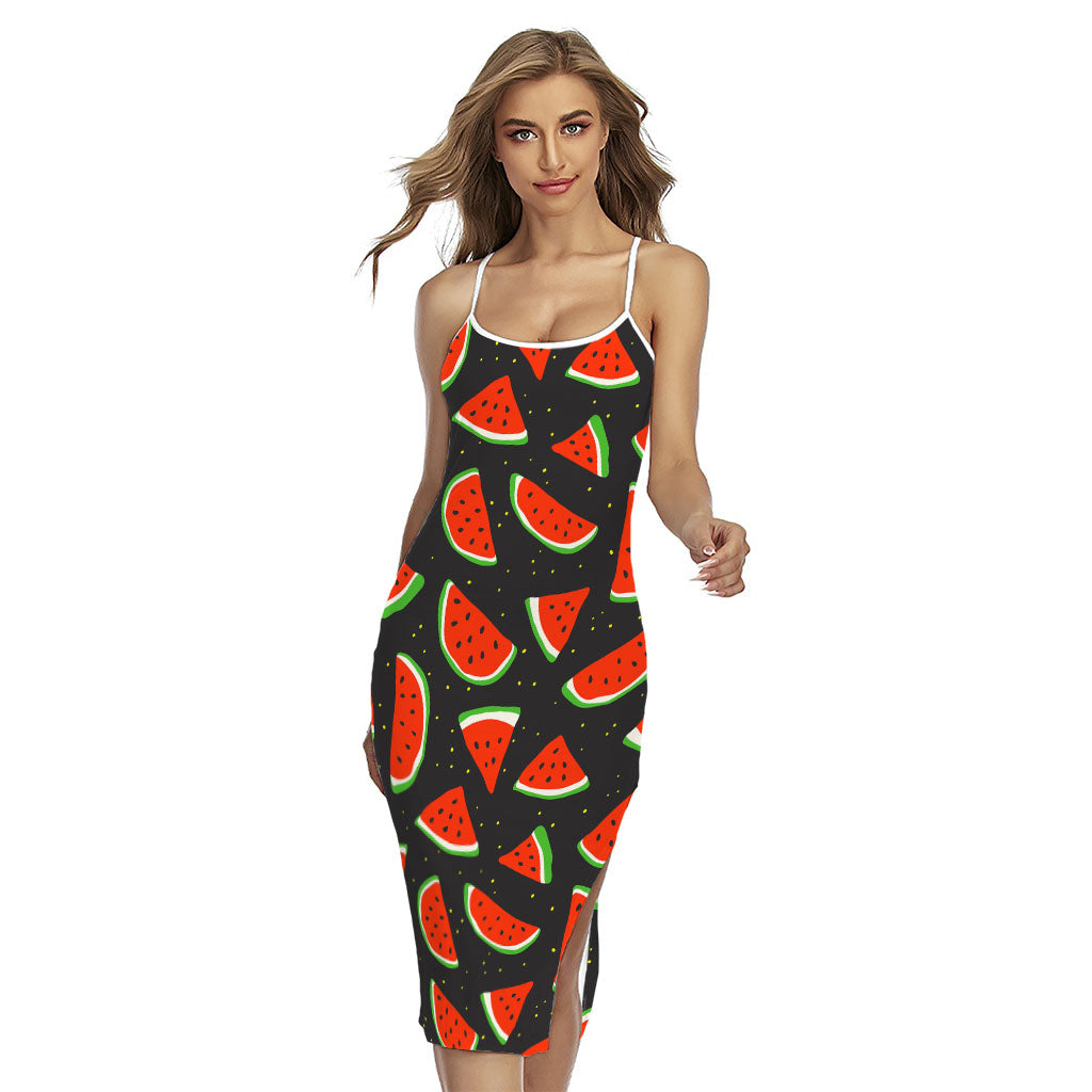 Black Cute Watermelon Pattern Print Cross Back Cami Dress