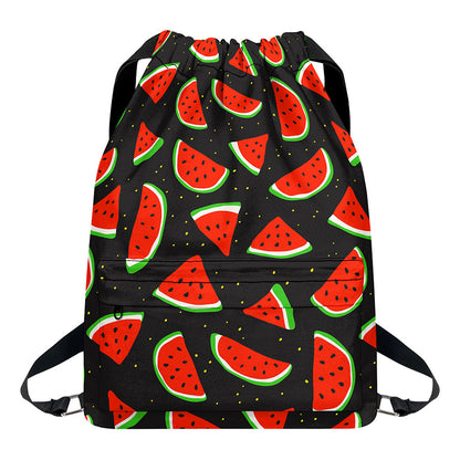Black Cute Watermelon Pattern Print Drawstring Backpack