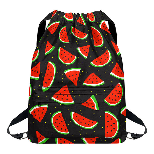 Black Cute Watermelon Pattern Print Drawstring Backpack