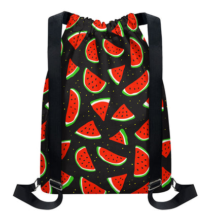 Black Cute Watermelon Pattern Print Drawstring Backpack