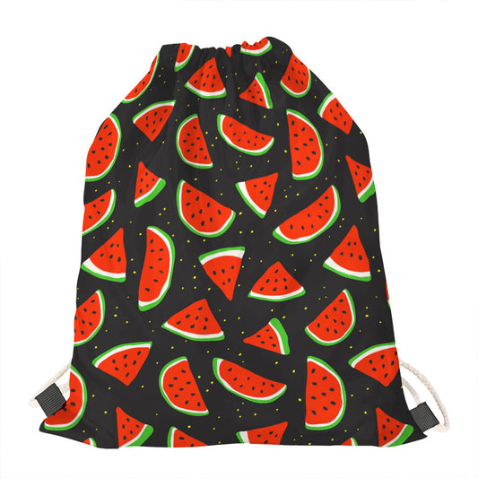 Black Cute Watermelon Pattern Print Drawstring Bag