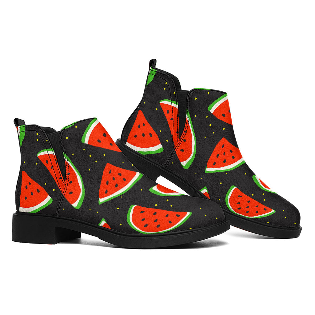 Black Cute Watermelon Pattern Print Flat Ankle Boots