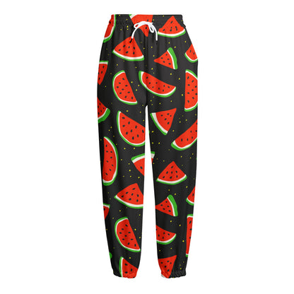 Black Cute Watermelon Pattern Print Fleece Lined Knit Pants