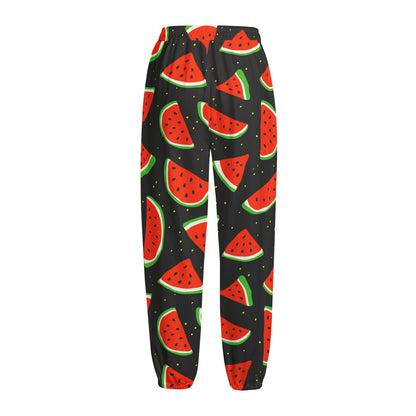Black Cute Watermelon Pattern Print Fleece Lined Knit Pants