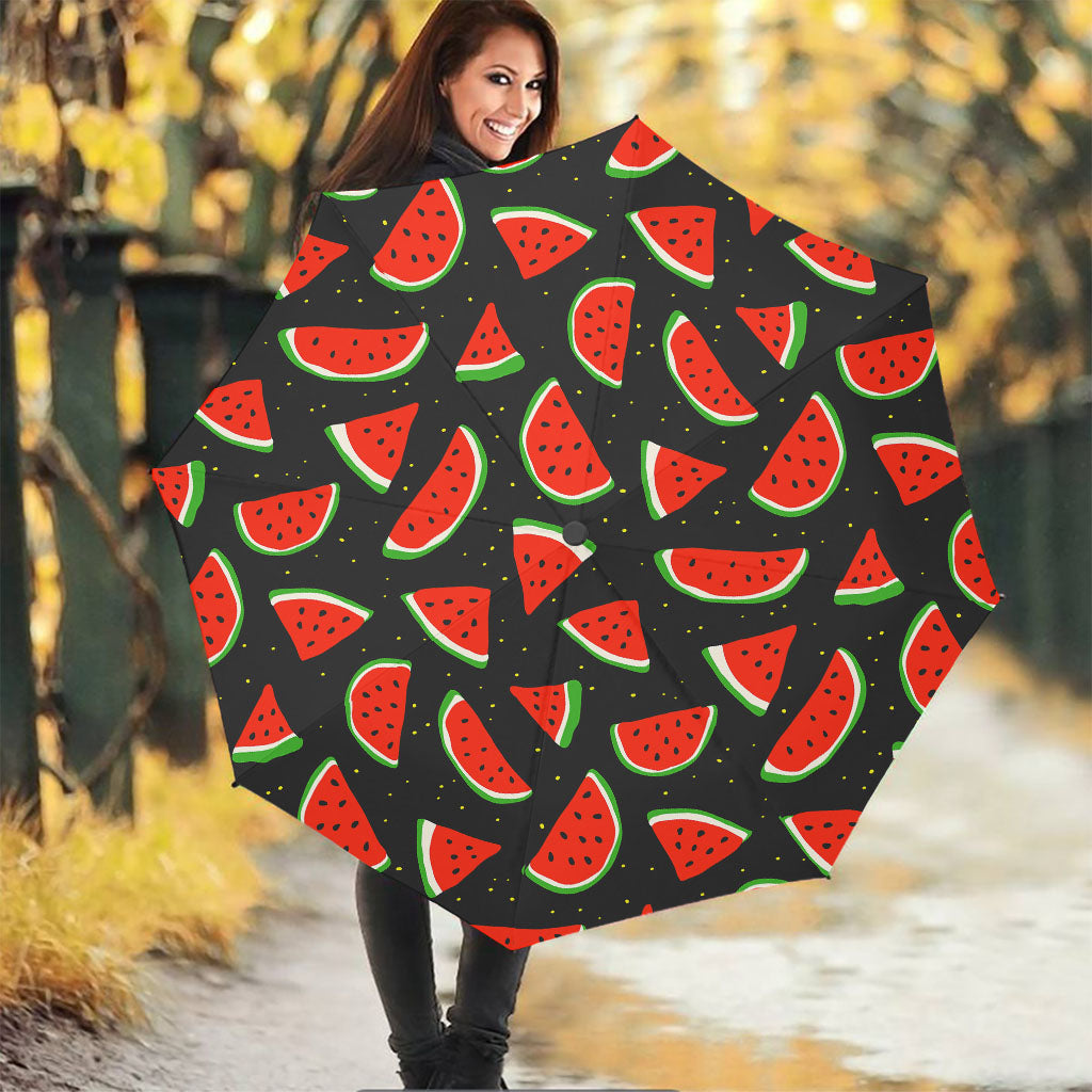 Black Cute Watermelon Pattern Print Foldable Umbrella